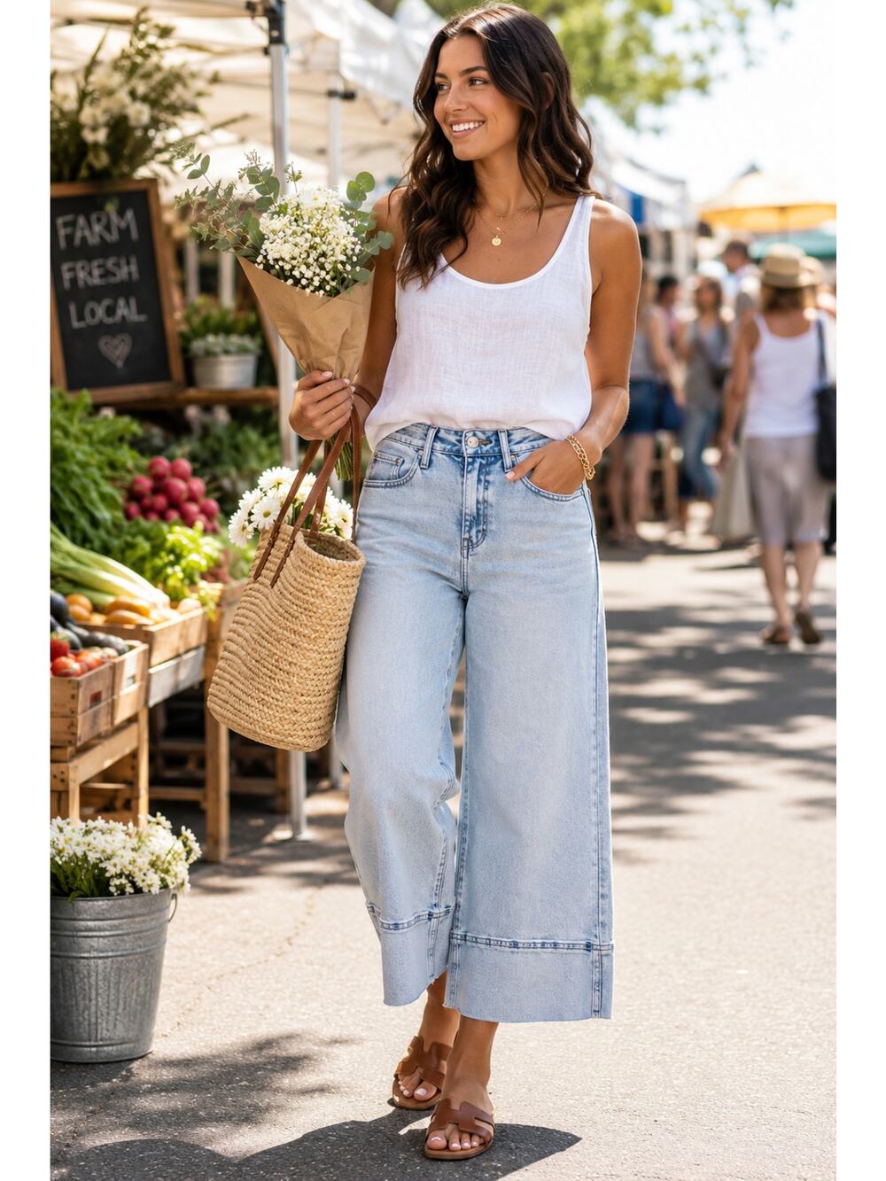 KanCan Essentials 5/26 Wide Leg Crop Jeans Light Wash High Rise Cuffed Denim